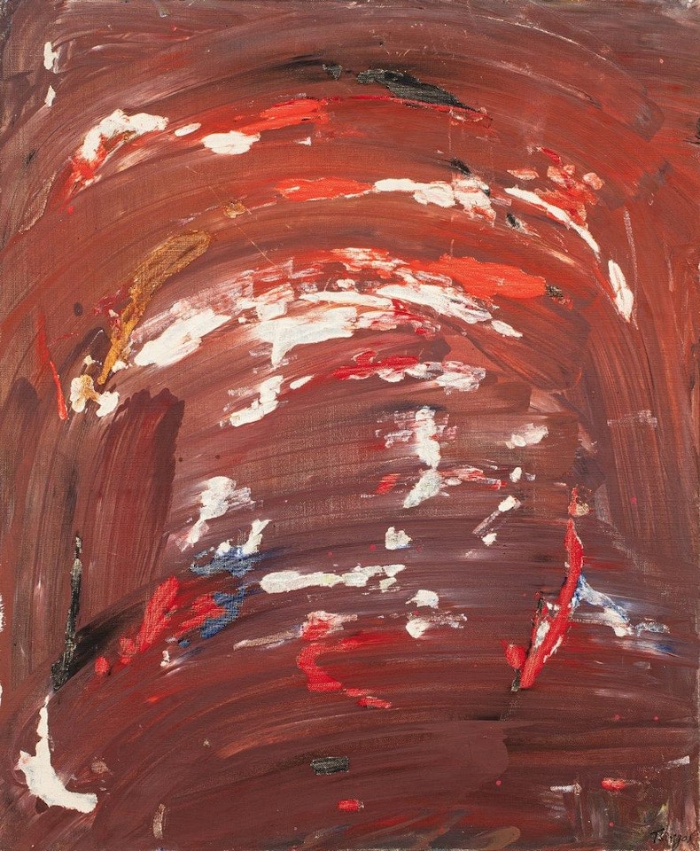 Untitled red and white on rust brown background by Thanos Tsingos