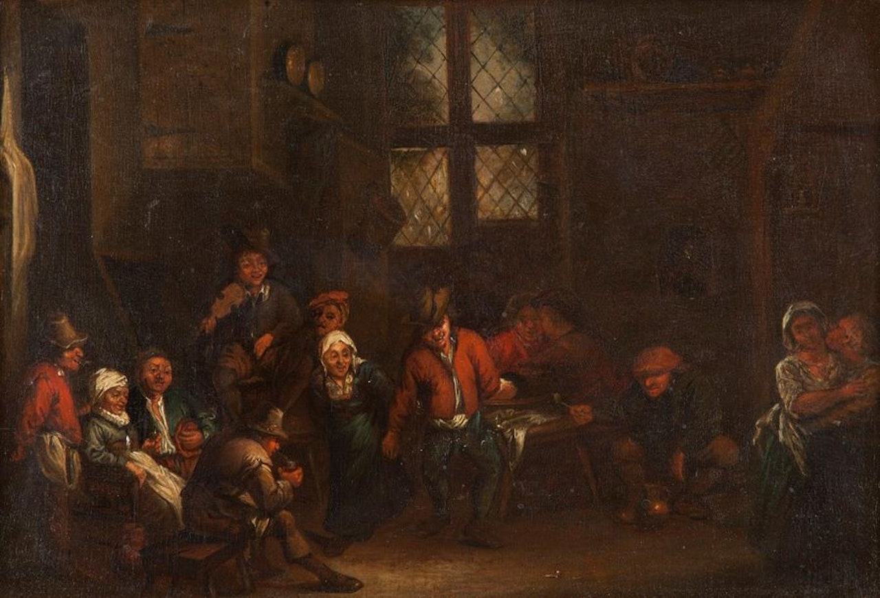Village festivities or dancing in the tavern to the sound of the violin Oil on panel. Oak (old dirty varnish) by Dutch School