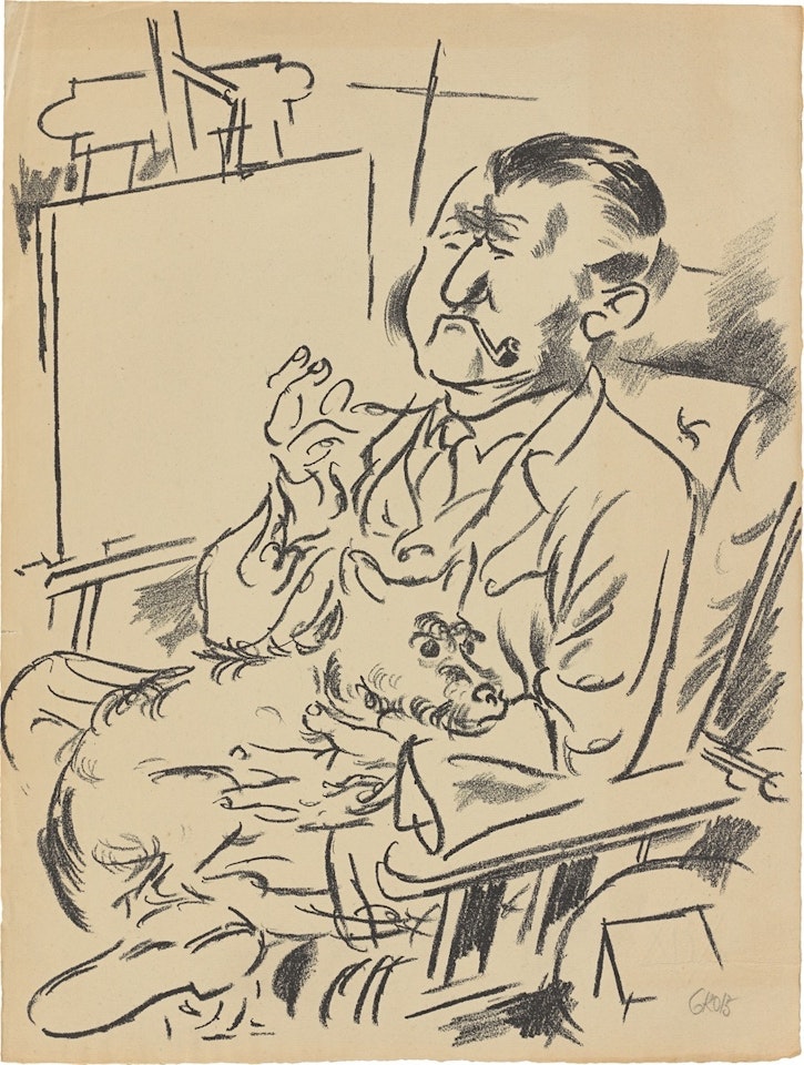 ”Selbstbildnis mit Hund vor der Staffelei” by George Grosz