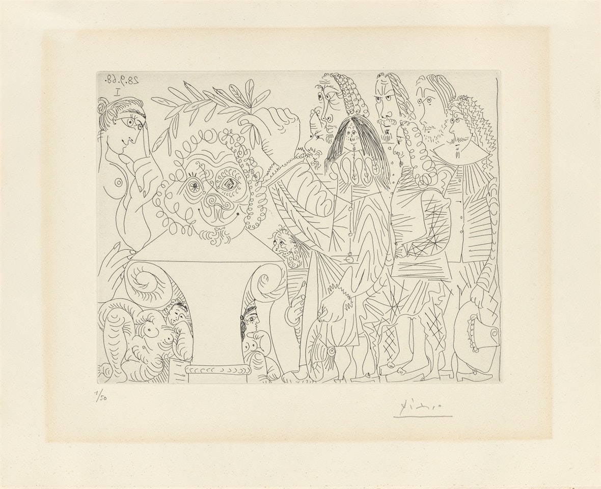 ”Le buste de peintre mort est couronné par l‘academie: La veuve se moque” by Pablo Picasso