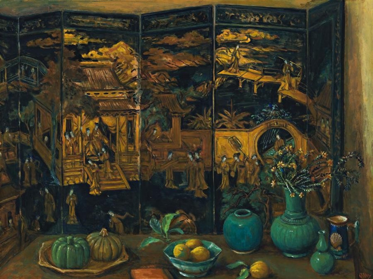 SPANISH BOTTLES AND CHINESE SCREEN by Margaret Hannah Olley