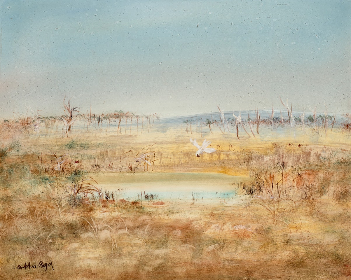 WIMMERA LANDSCAPE WITH DAM AND WHITE COCKATOO by Arthur Merric Bloomfield Boyd