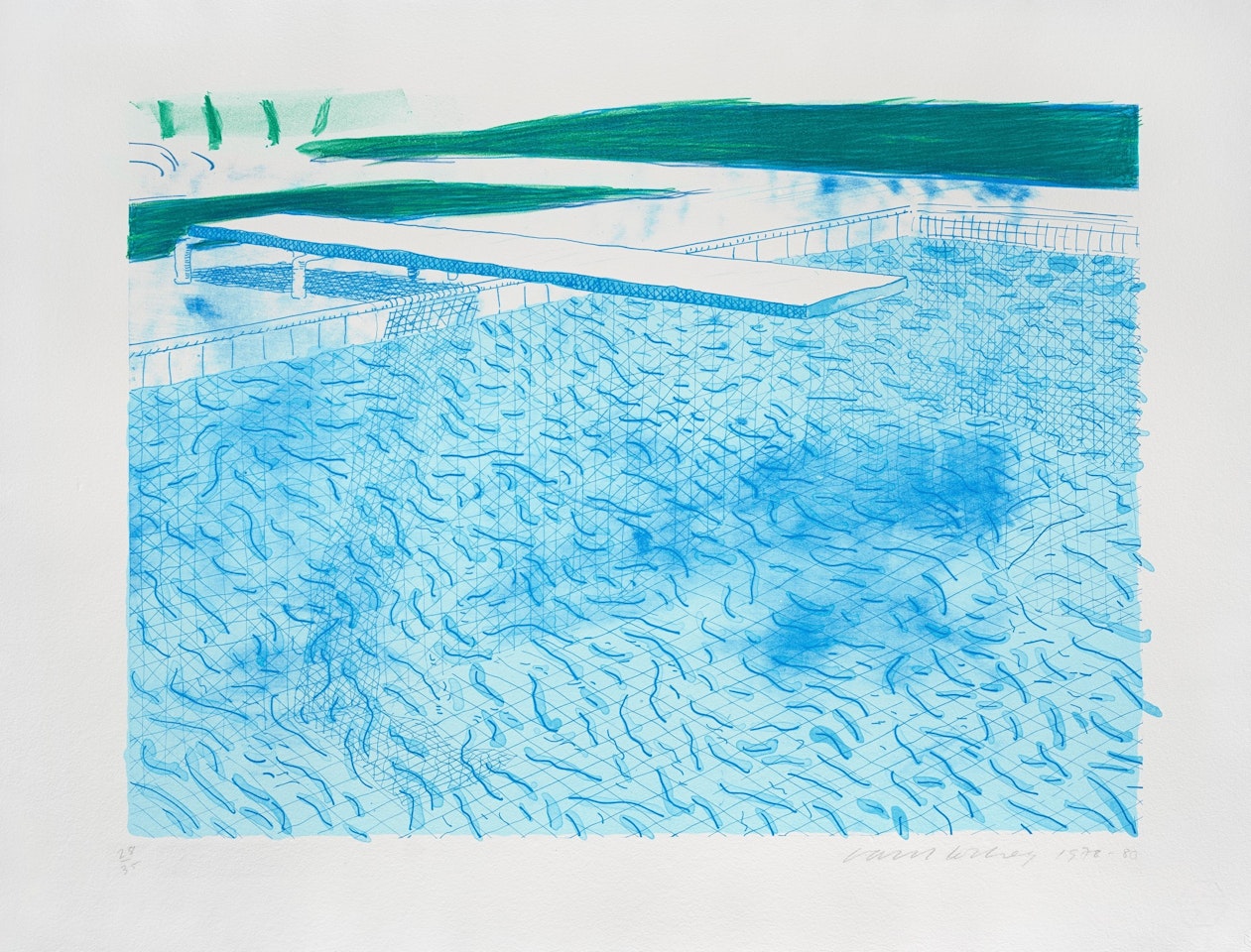 LITHOGRAPH OF WATER MADE OF LINES WITH TWO LIGHT BLUE WASHES by David Hockney