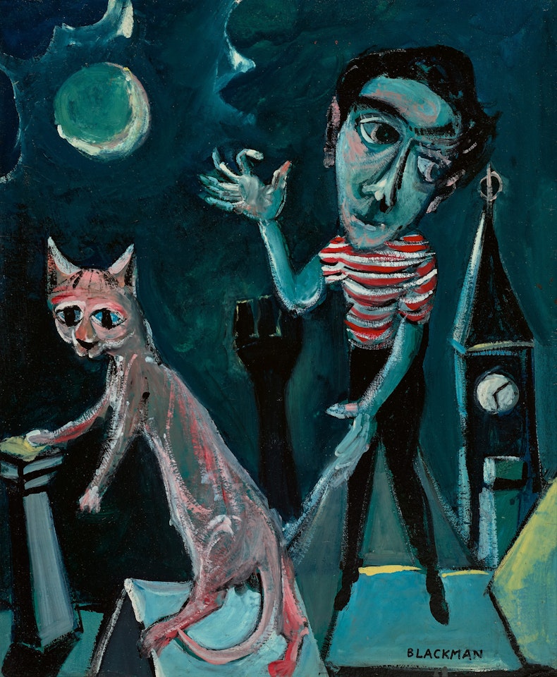 SELF PORTRAIT WITH CAT ON ROOFTOPS by Charles Blackman