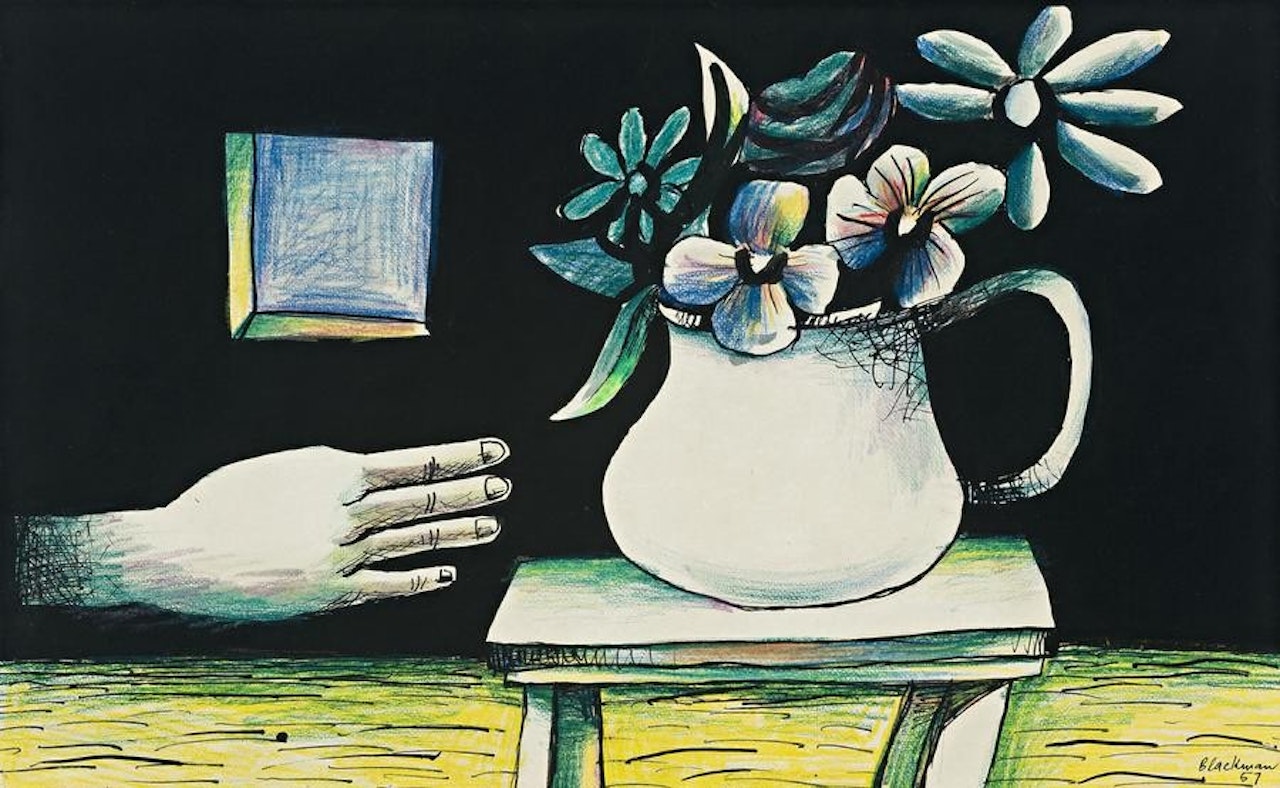 ALICE"S HAND, CUP, TABLE AND FLOWERS by Charles Blackman
