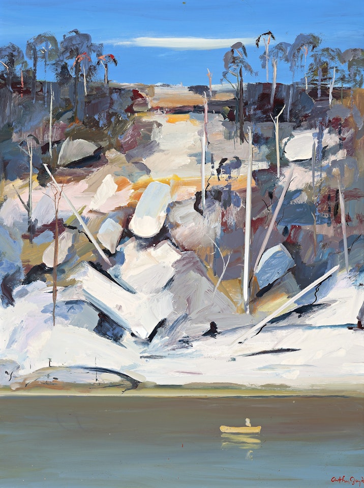 SHOALHAVEN; HILLSIDE WITH ROCKS AND MAN IN BOAT by Arthur Merric Bloomfield Boyd