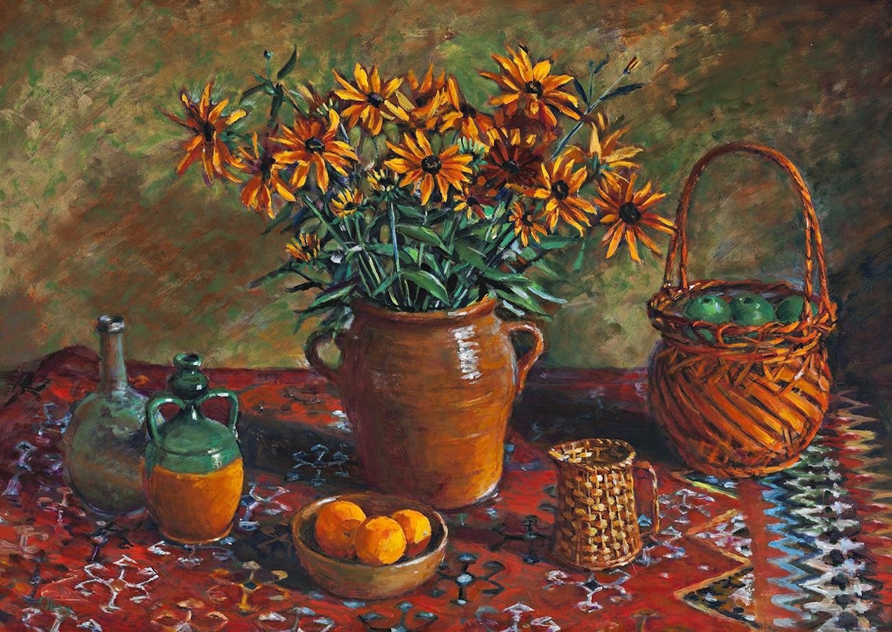 RUDBECKIAS WITH CANE BASKET by Margaret Hannah Olley