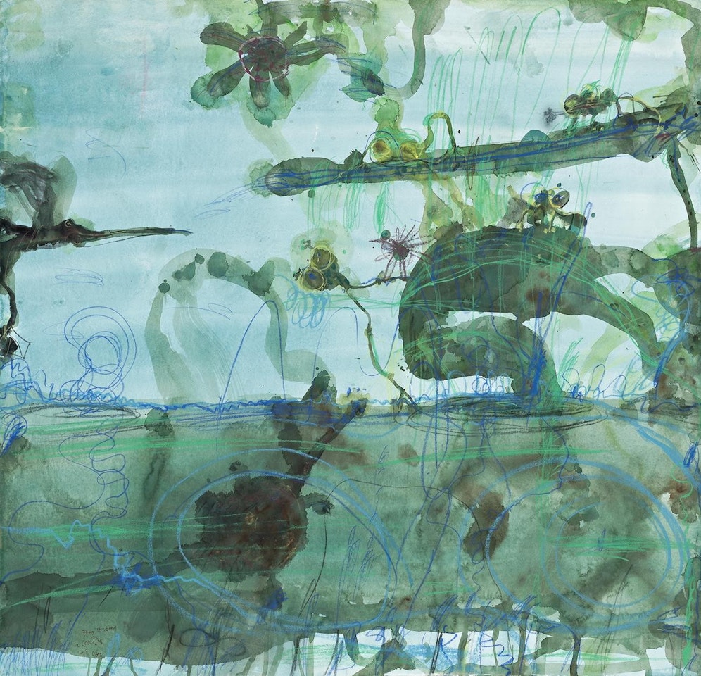 FROG TREMBLING ON A LOTUS LEAF by John Olsen