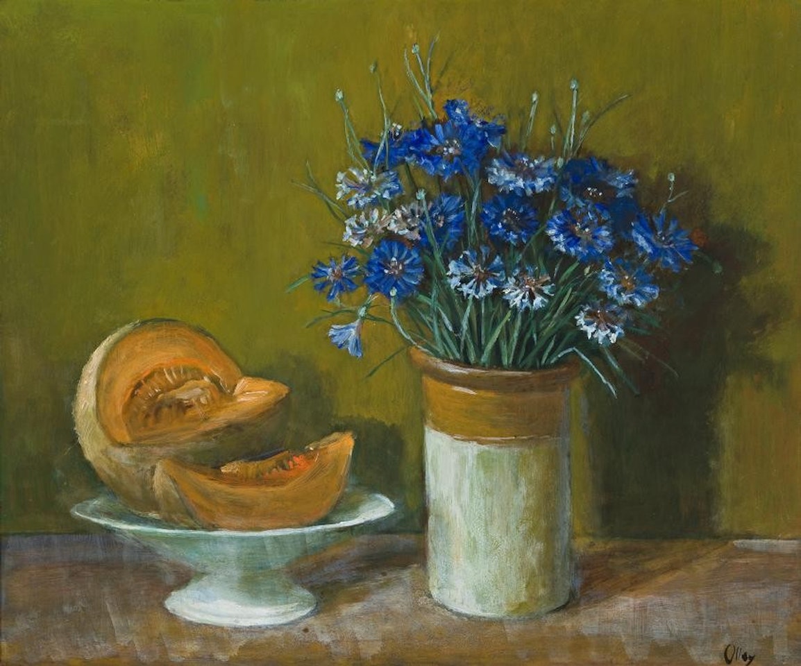 CORNFLOWERS AND MELON by Margaret Hannah Olley