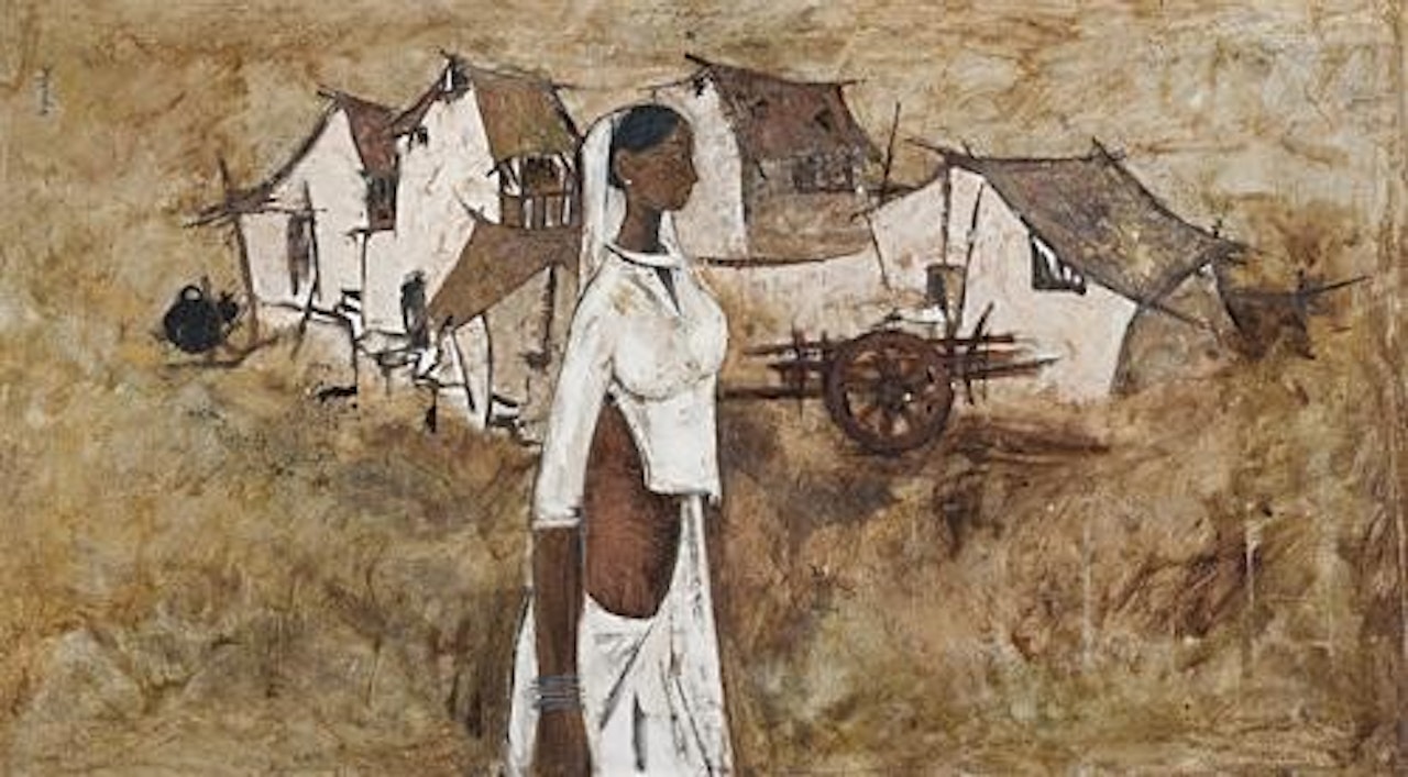 YOUNG WOMAN AND VILLAGE by B Prabha