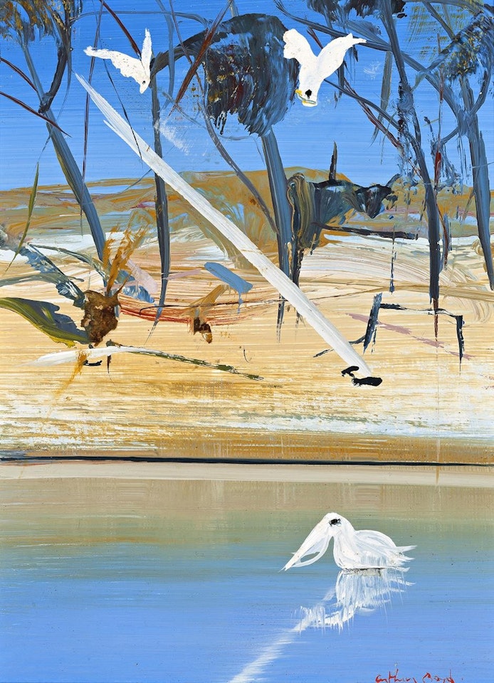 SHOALHAVEN RIVER WITH COCKATOOS AND PELICAN by Arthur Merric Bloomfield Boyd