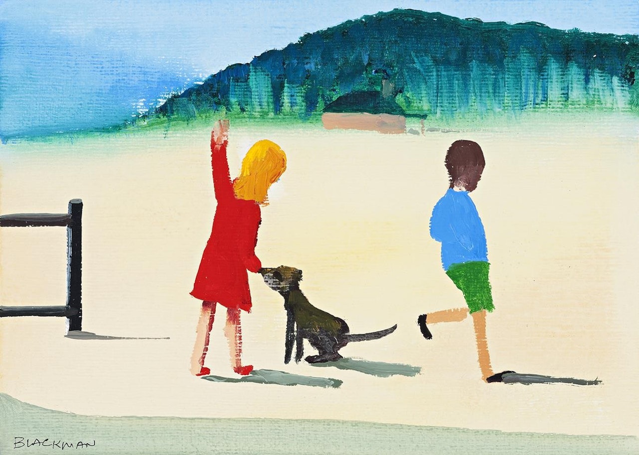 CHILDREN AND DOG PLAYING - GLASSHOUSE MOUNTAINS by Charles Blackman