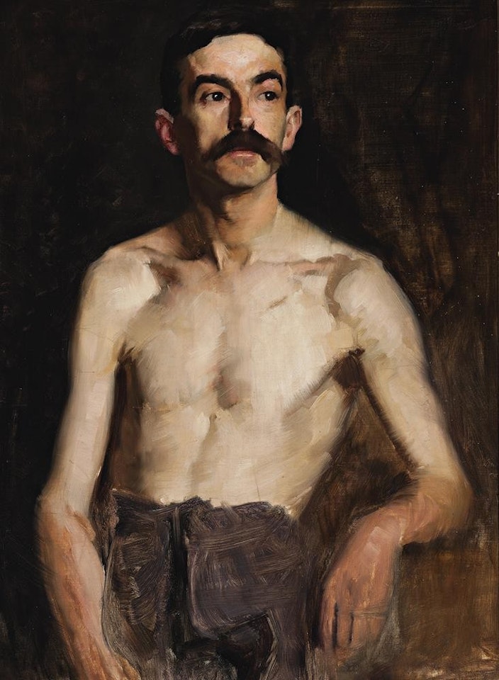 (NUDE STUDY - MALE MODEL WITH MOUSTACHE, HALF-DRAPED, FRONT VIEW) by Hugh Ramsay