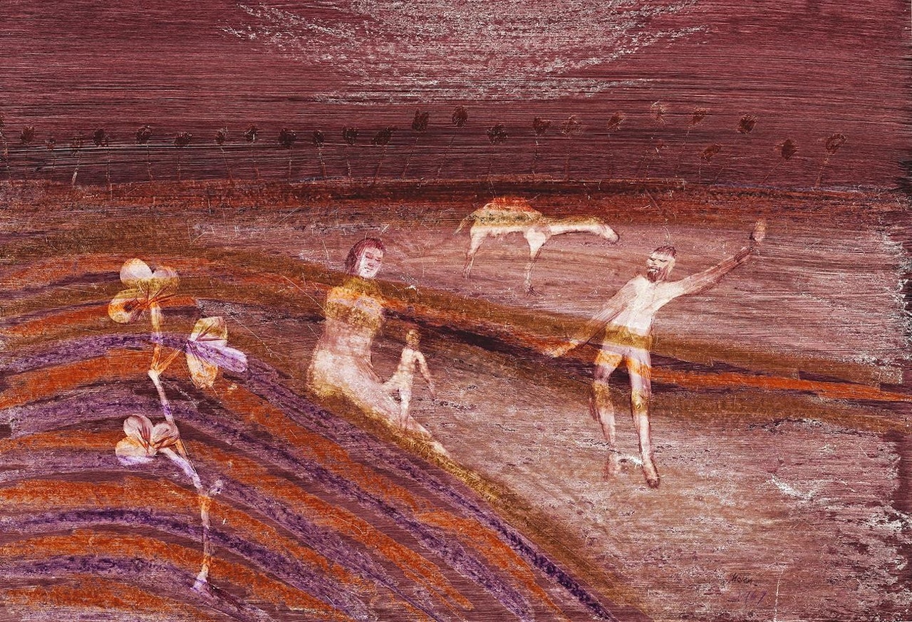 BURKE AND CAMEL WITH MOTHER AND CHILD by Sidney Nolan