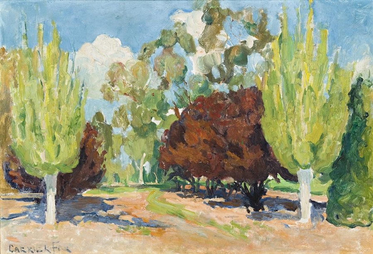 POPLARS AND PRUNUS, CANBERRA by Ethel Carrick Fox