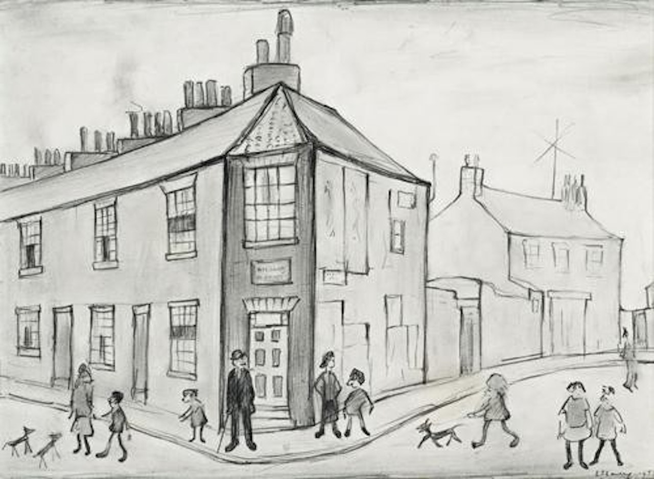 CORNER STREET SCENE WITH FIGURES by Laurence Stephen Lowry