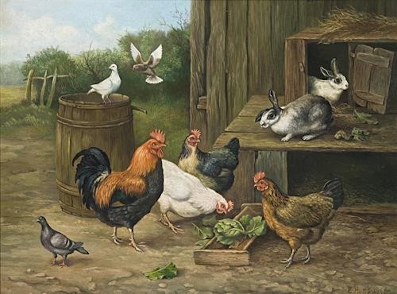 ROOSTER, HENS, RABBITS, AND PIGEONS BY A BARN by Edgar Hunt