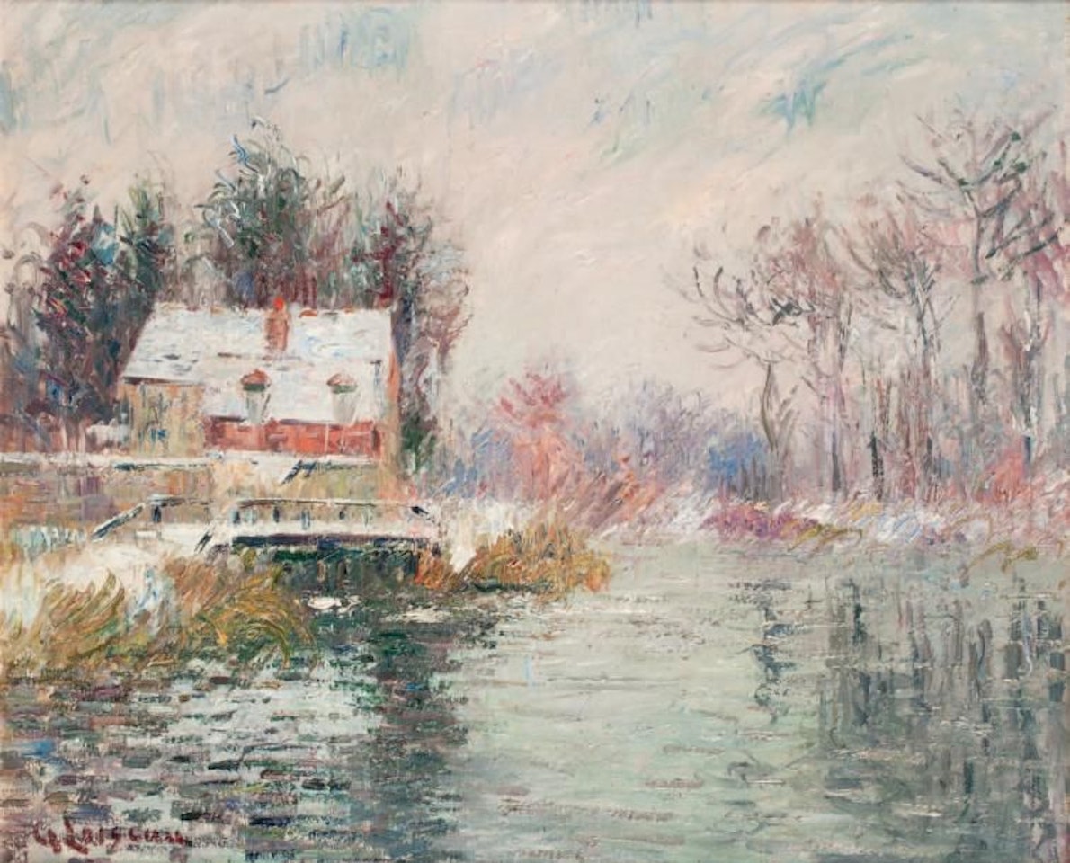 The little bridge, Saint Léger du Vaudreuil, snow effect by Gustave Loiseau