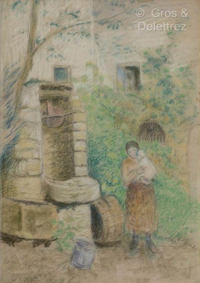 Woman and child near a well by Camille Pissarro