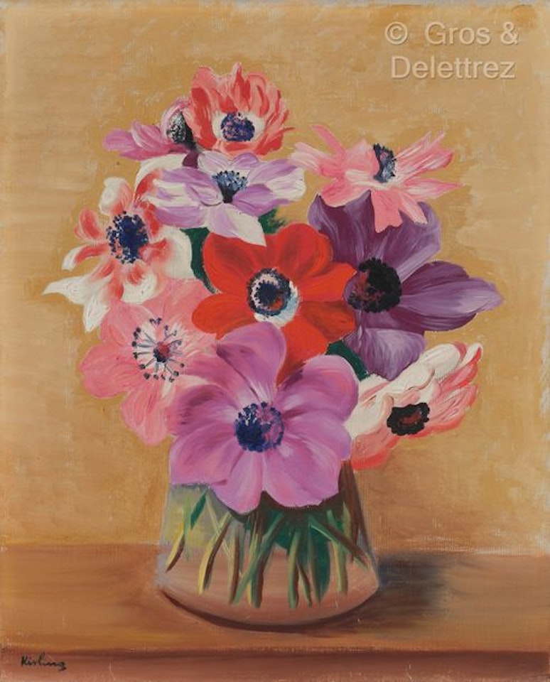 Vase of anemones by Moïse Kisling