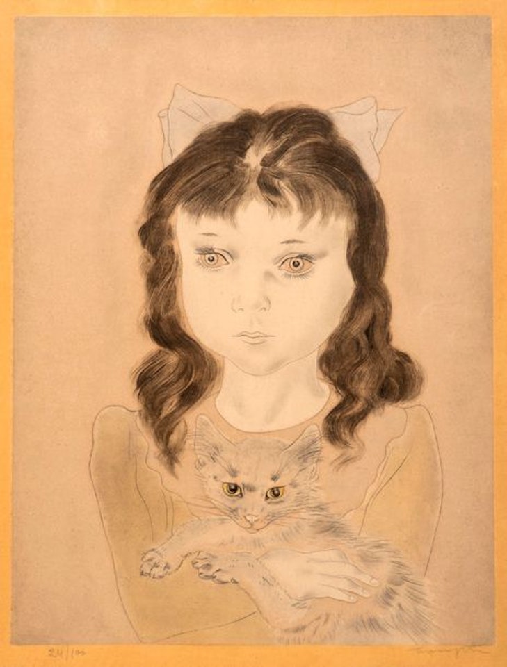 Girl with cat by Leonard Tsuguharu Foujita