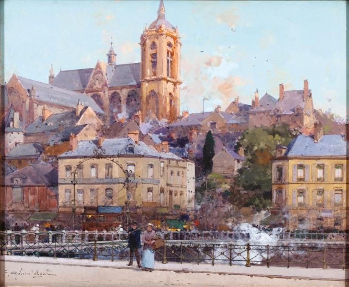 Bridge and Gothic church by Eugene Galien-Laloue