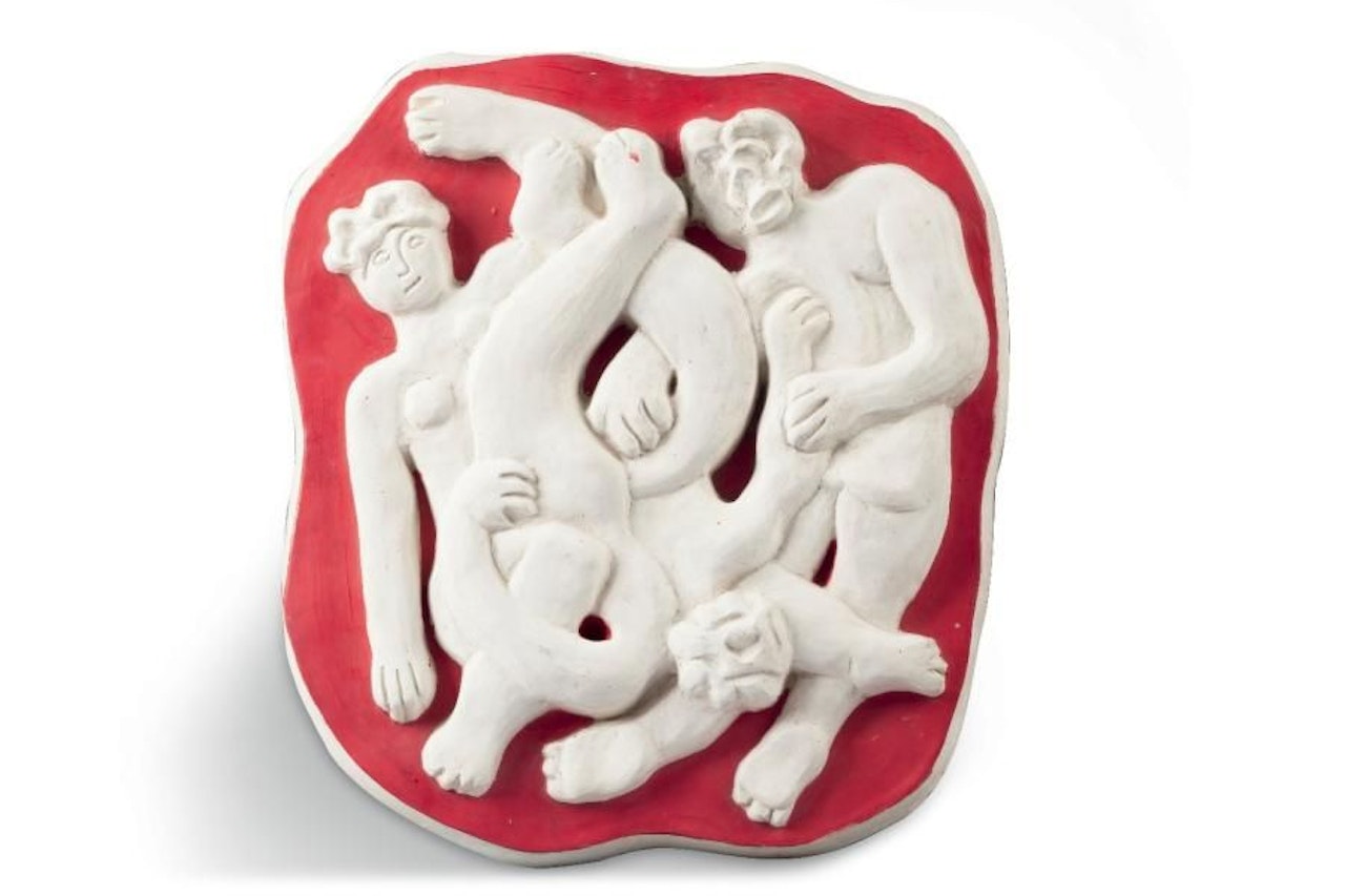 Acrobats on a red background by Fernand Leger