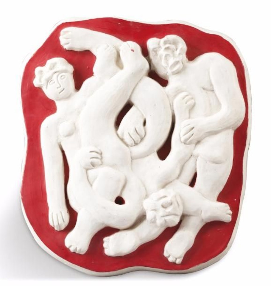 Acrobats on a red background by Fernand Leger