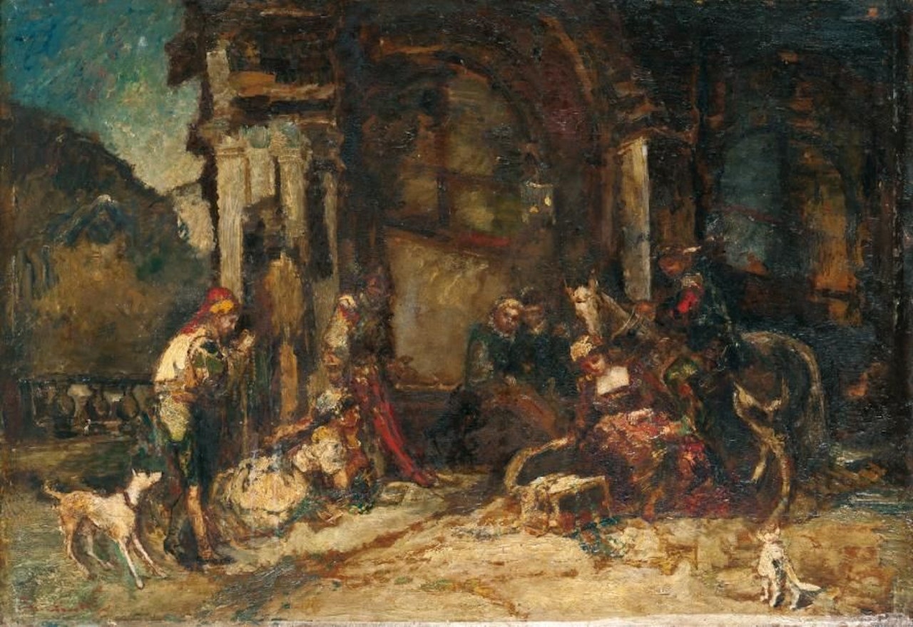 The jewelry seller in front of a palace by Adolphe Monticelli