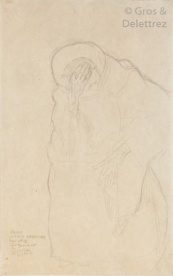 Old woman seated, hand on forehead by Gustav Klimt
