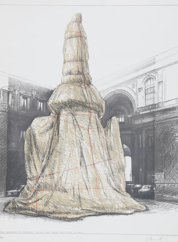 2 sheets: Wrapped Monument to Leonardo, Project for Piazza della Scala, Milano by Christo