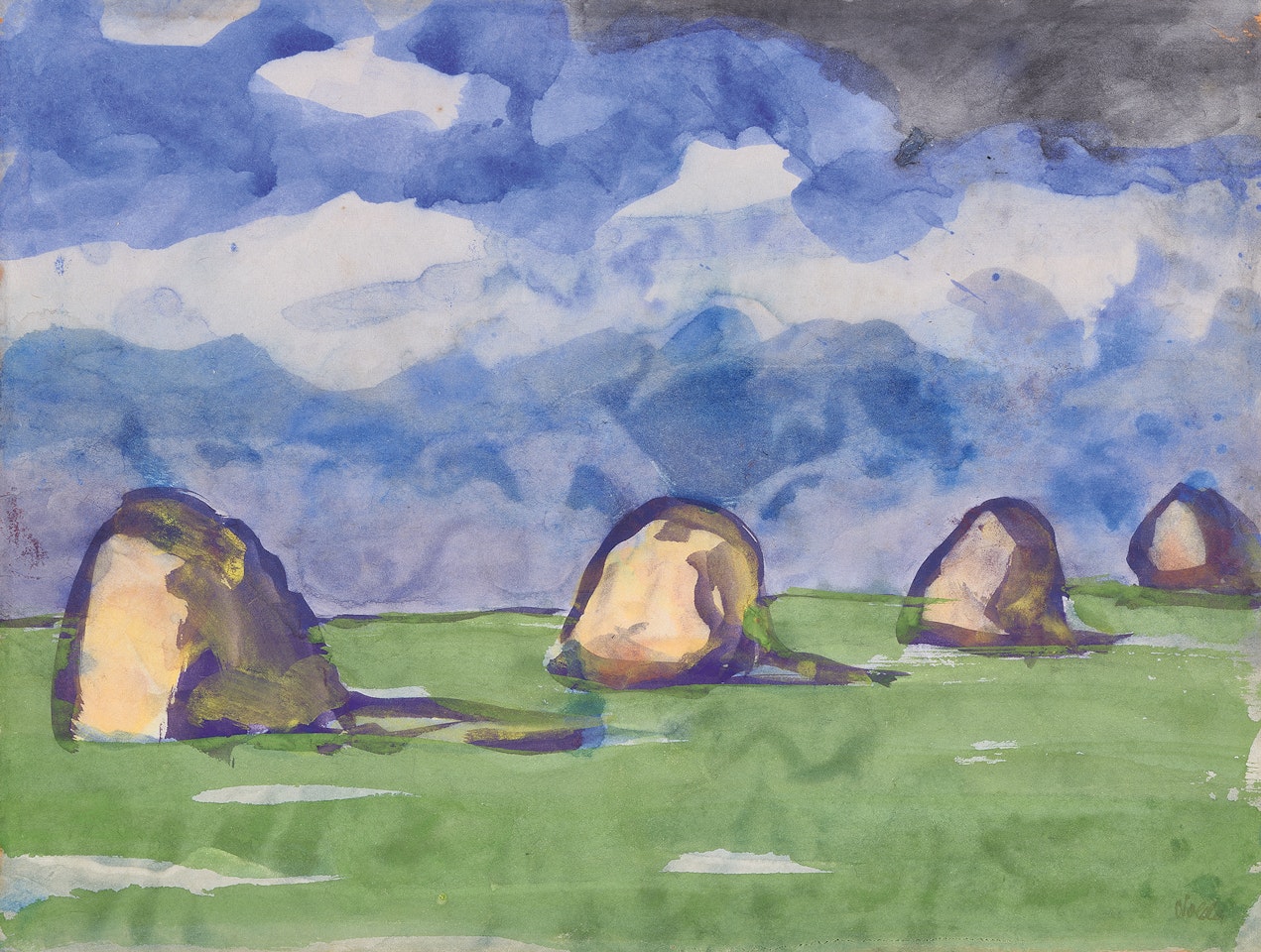 Marschlandschaft und Heudiemen unter blauem Himmel by Emil Nolde