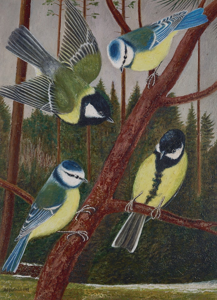 Vier Meisen vor Wald (Four tits in front of forest) by Adolf Dietrich