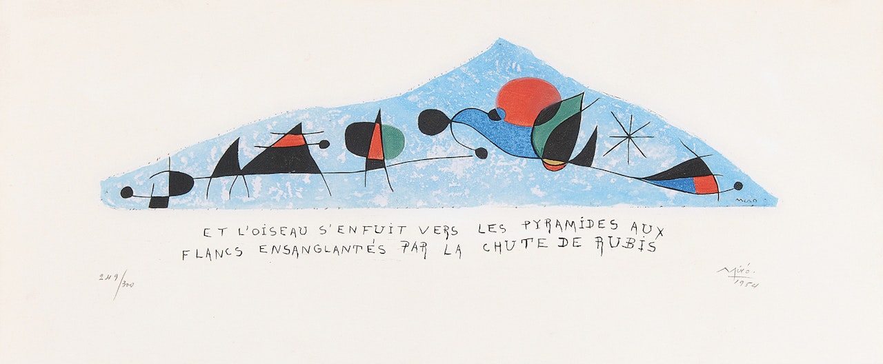 after. Et l"oiseau s"enfuit vers les pyramides aux flancs ensanglantés par la chute de rubis by Joan Miró