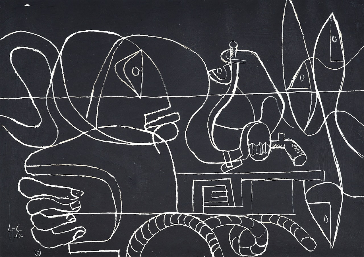 Figure, carafes, verre, pipe, poissons et cordage by Le Corbusier
