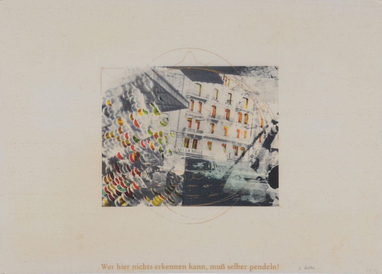 3 sheets: In der Oper (Entscheidung der Frage, ob den Schwämmen Bewußtsein zukommt) ; Figur mit Hand (Es schwindelt...) ; Wer hier nichts erkennen kann, muss selber pendeln! by Sigmar Polke