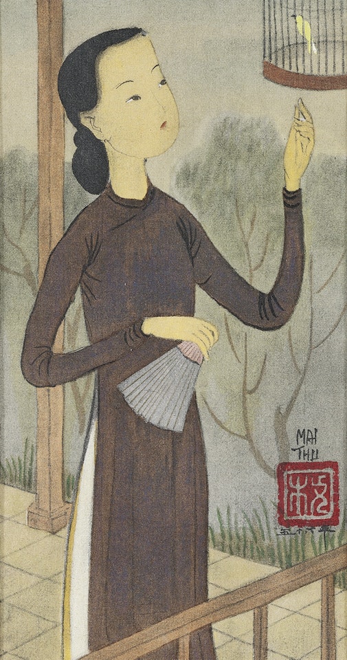 Femme à l'Éventail et à l'Oiseau (Lady with a Fan and a Bird) by Mai Trung Thu