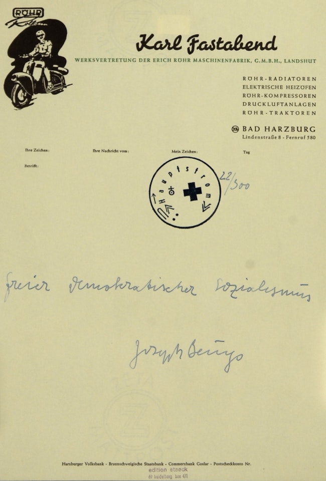 2 sheets: Freier Demokratischer Sozialismus; "Nehmt was ihr kriegen könnt" by Joseph Beuys