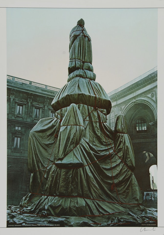 2 sheets: Wrapped Monument to Leonardo, Project for Piazza della Scala, Milan by Christo