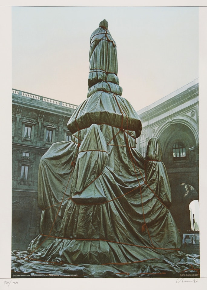 2 sheets: Wrapped Monument to Leonardo, Project for Piazza della Scala, Milan by Christo