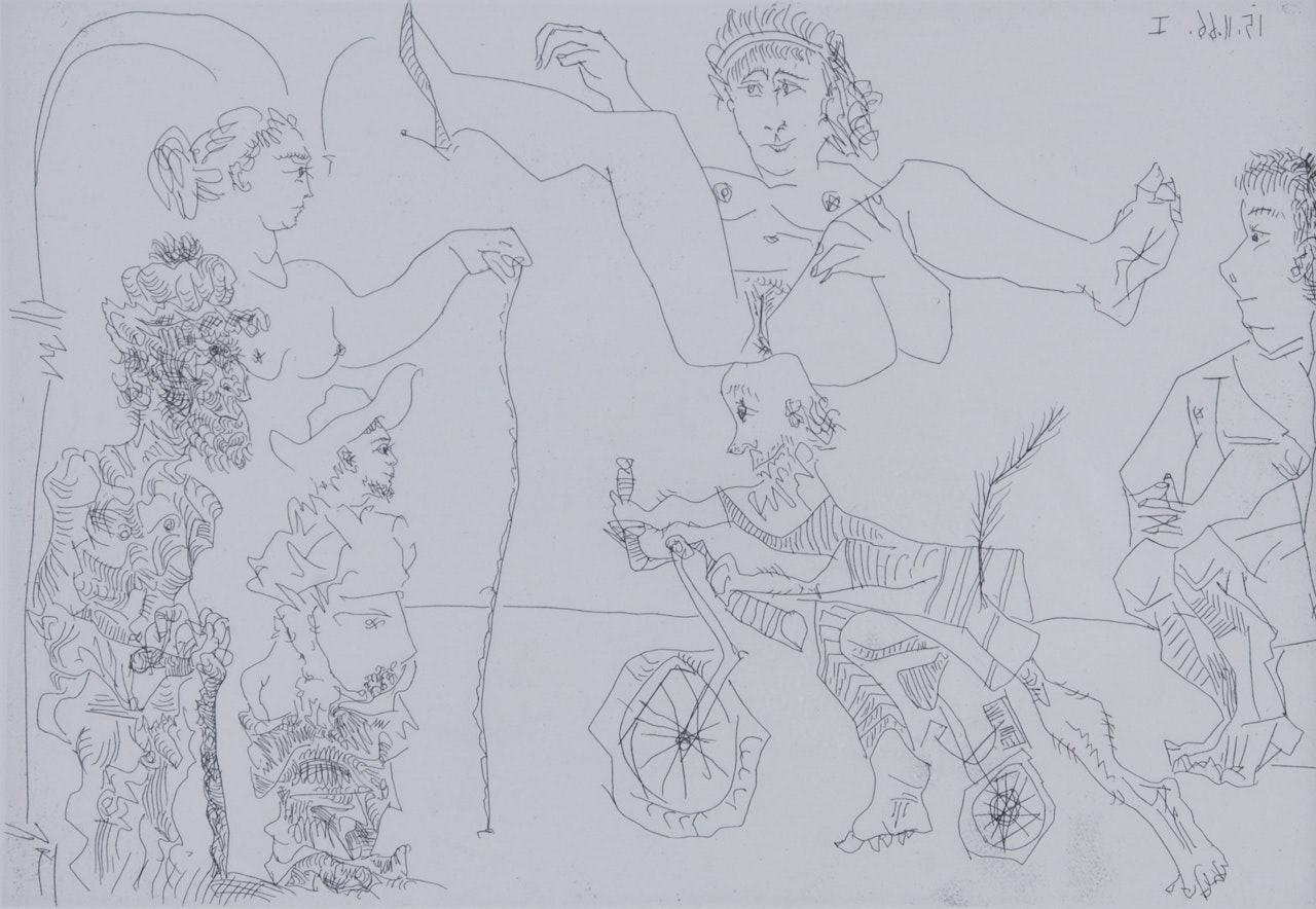 Femme équilibriste enlevée par un vieillard barbu à bicyclette devant le cocu et des spectateurs by Pablo Picasso