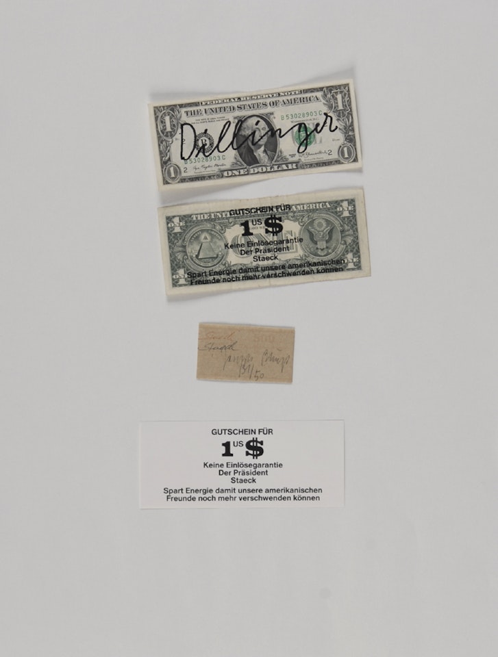 2 sheets: Auf dem Flug nach Amerika; Dollarnoten by Joseph Beuys