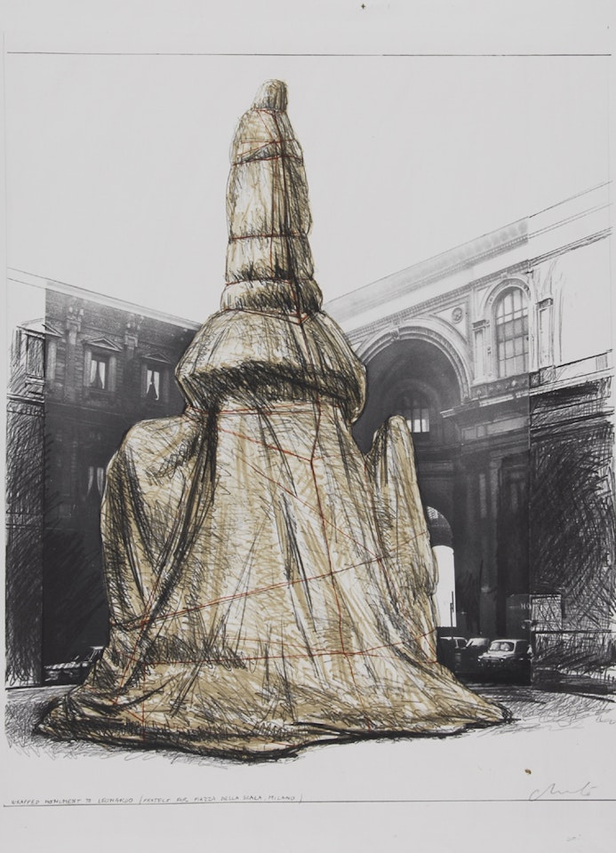 2 sheets: Wrapped Monument to Leonardo, Project for Piazza della Scala, Milan by Christo