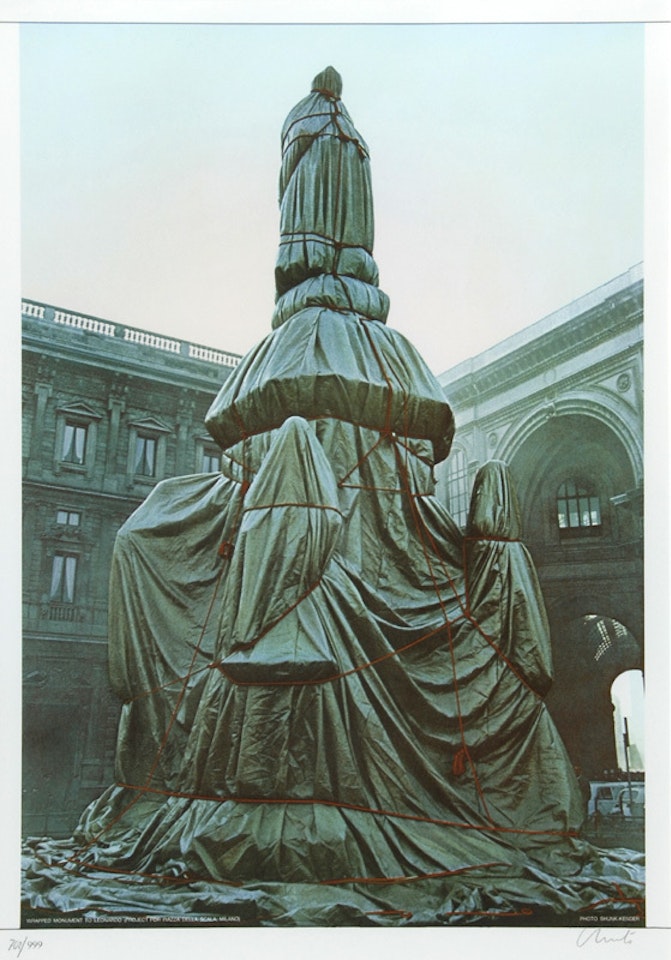 2 sheets: Wrapped Monument to Leonardo, Project for Piazza della Scala, Milan by Christo