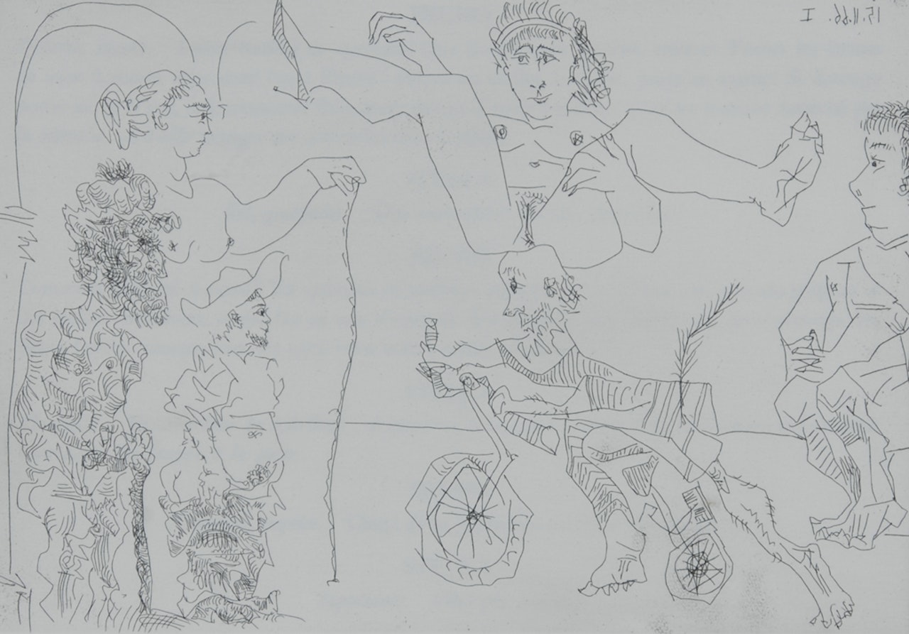 Femme équilibriste enlevée par un vieillard barbu à bicyclette devant le cocu et des spectateurs by Pablo Picasso