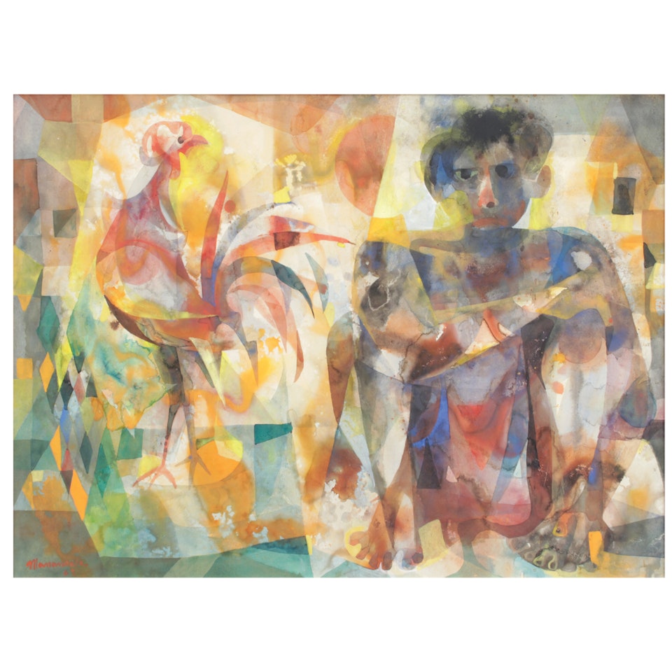 Man with Rooster by Vicente Manansala