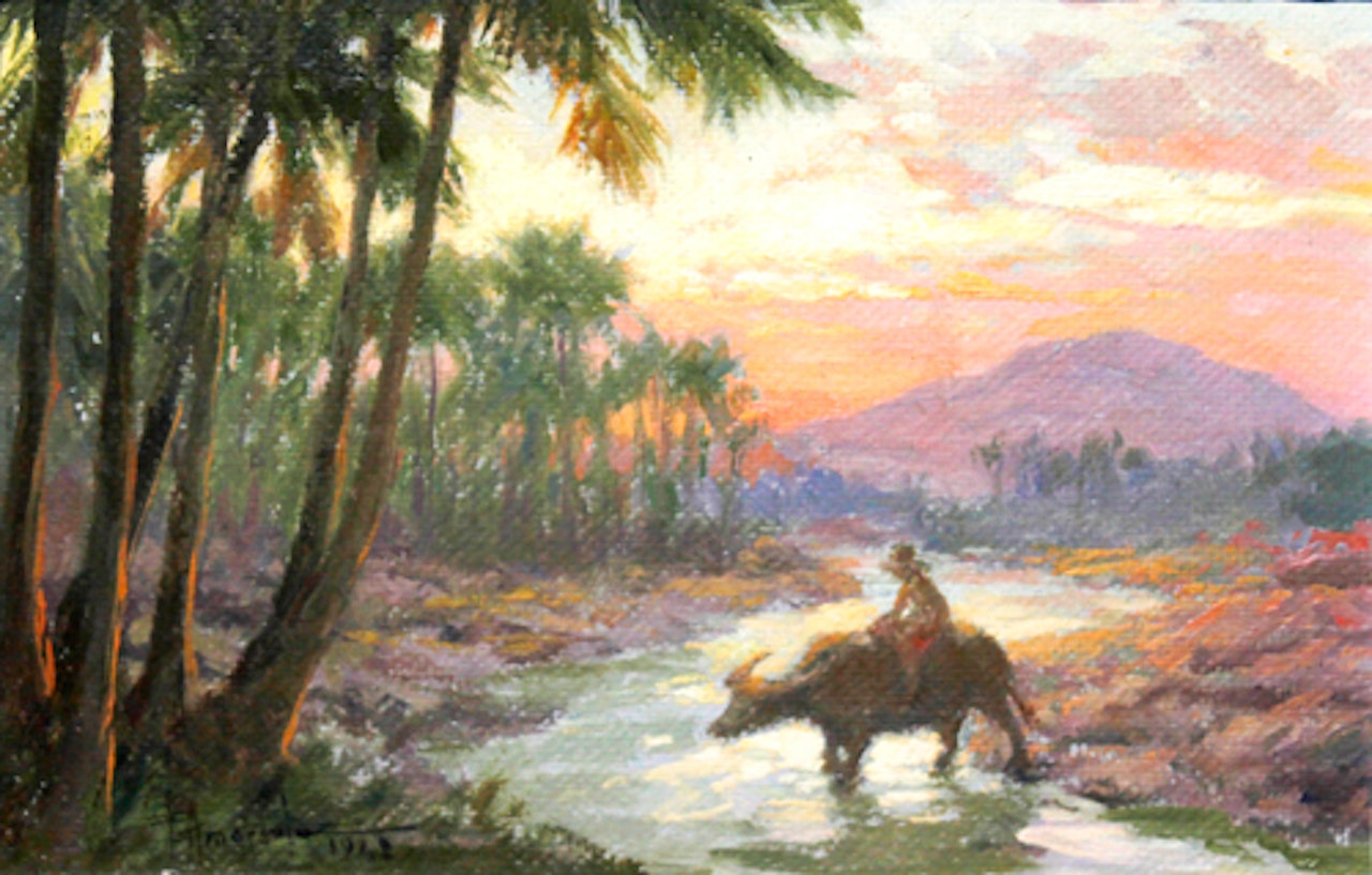 Boy on Carabao Crossing a Ford by Fernando Amorsolo