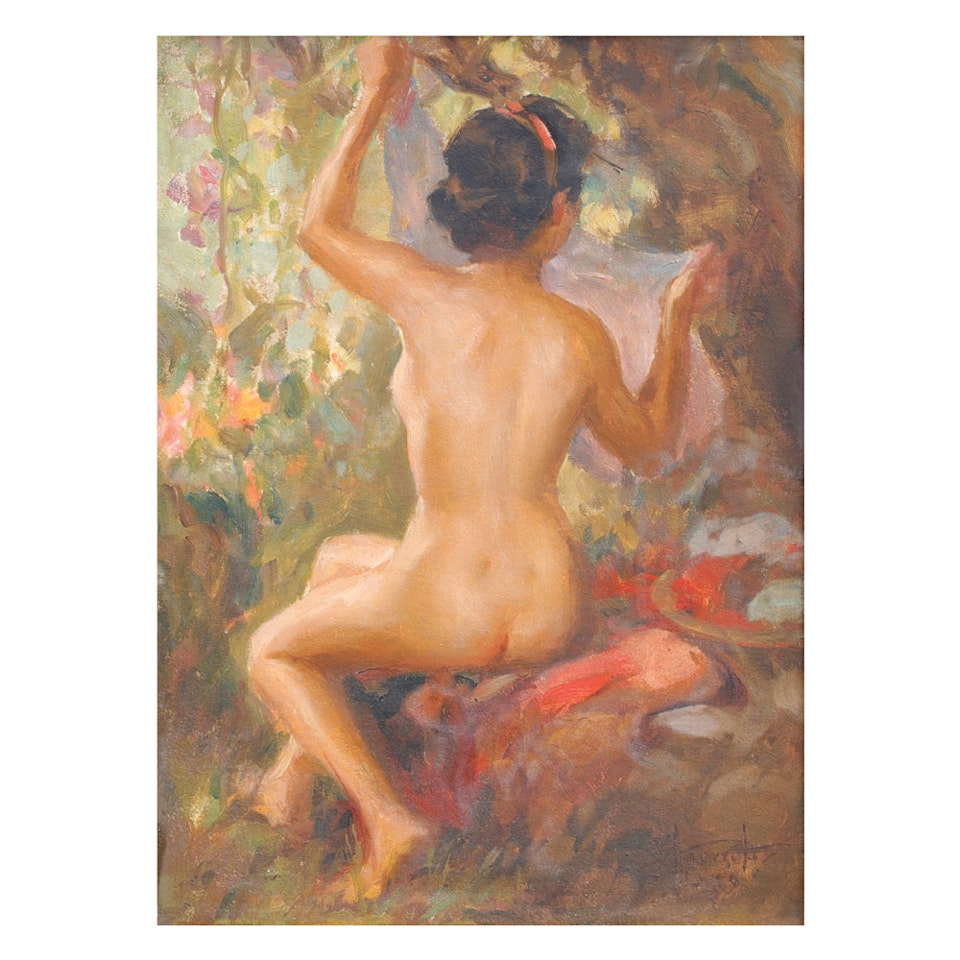Nude in Forest Setting Preparing for a Morning Dip by Fernando Amorsolo