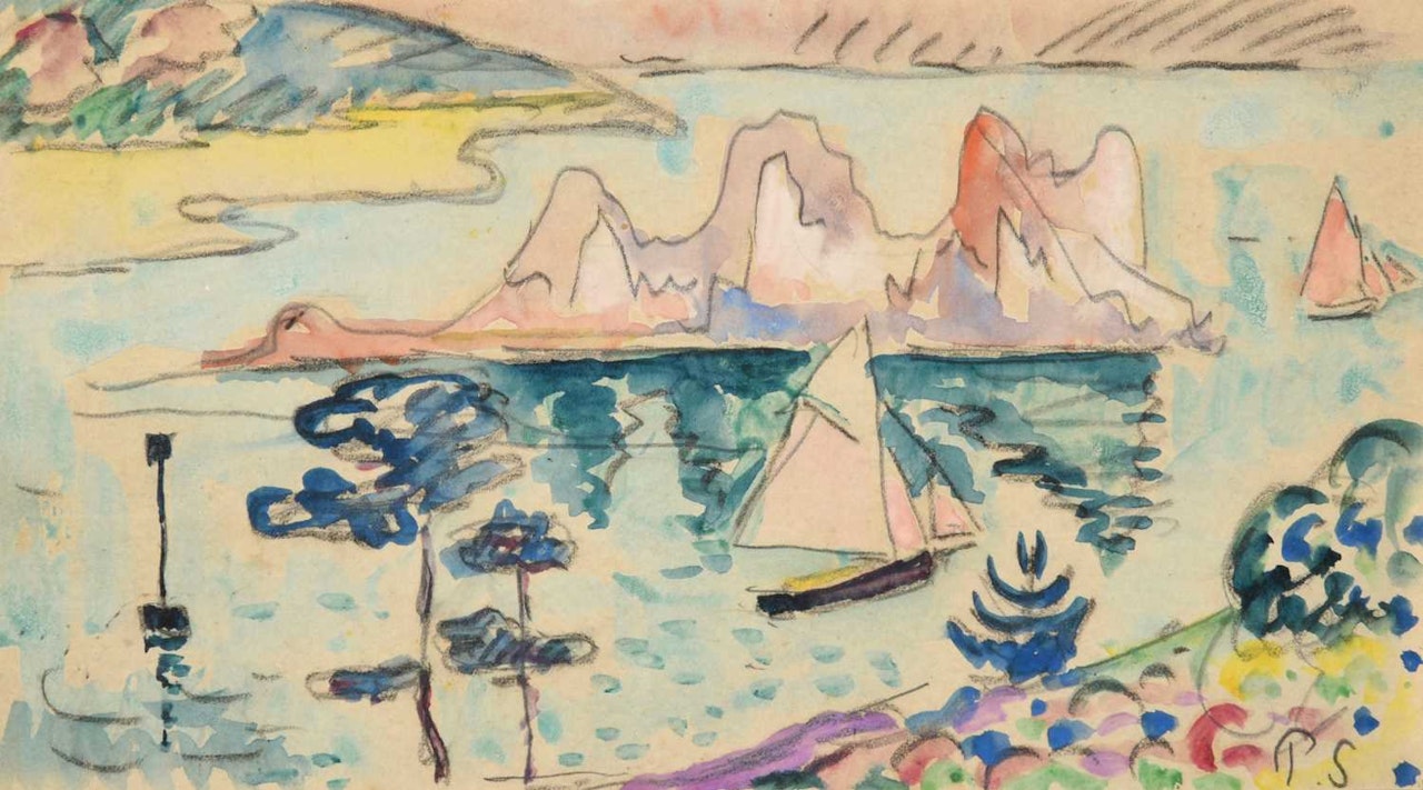 Sailboats before an island by Paul Signac