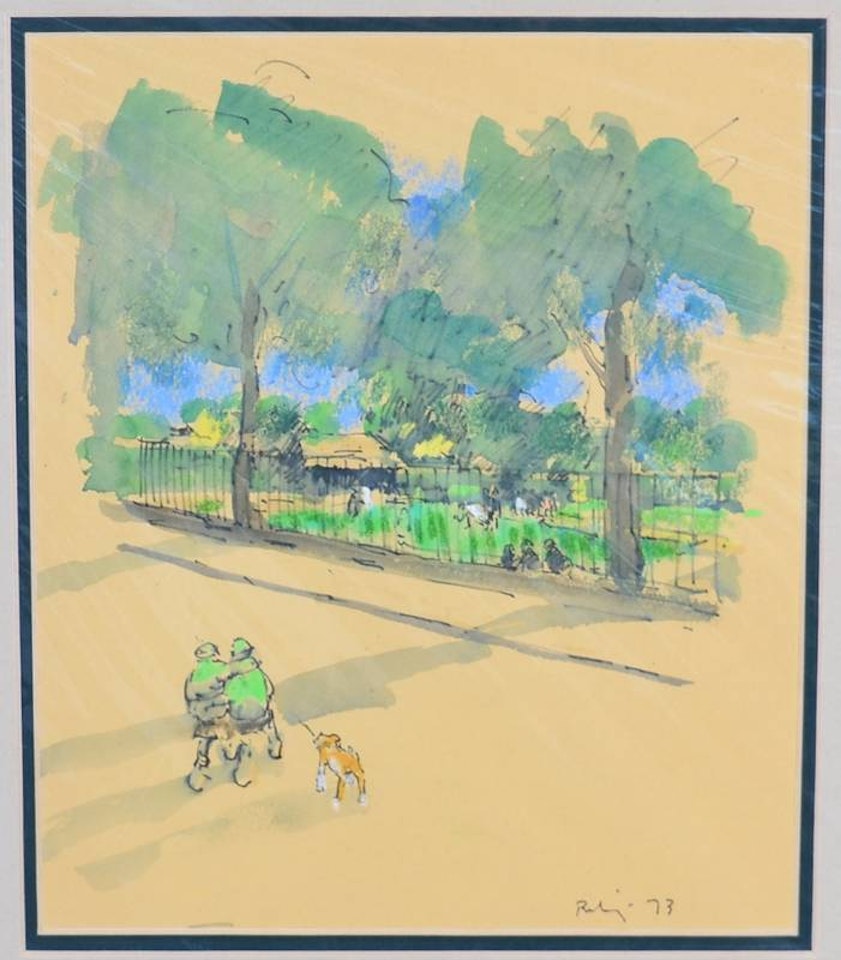 The dog walk- two school boys wearing green blazers beside park railings by Harold Riley